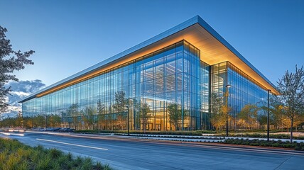 Obraz premium Modern glass building showcasing contemporary architectural design.