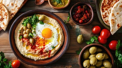 Middle Eastern breakfast spread with eggs, hummus, pita bread, and olives, served on a wooden table, warm and vibrant cultural meal concept 