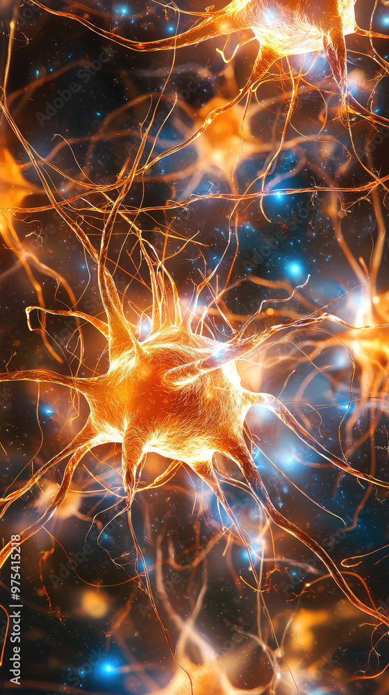 Poster close up of neurons firing electrical impulses in vibrant network, showcasing intricate connections 