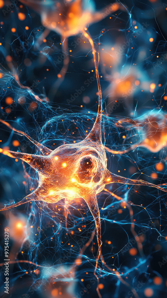 Poster close up of neurons firing electrical impulses in vibrant network, showcasing intricate connections 