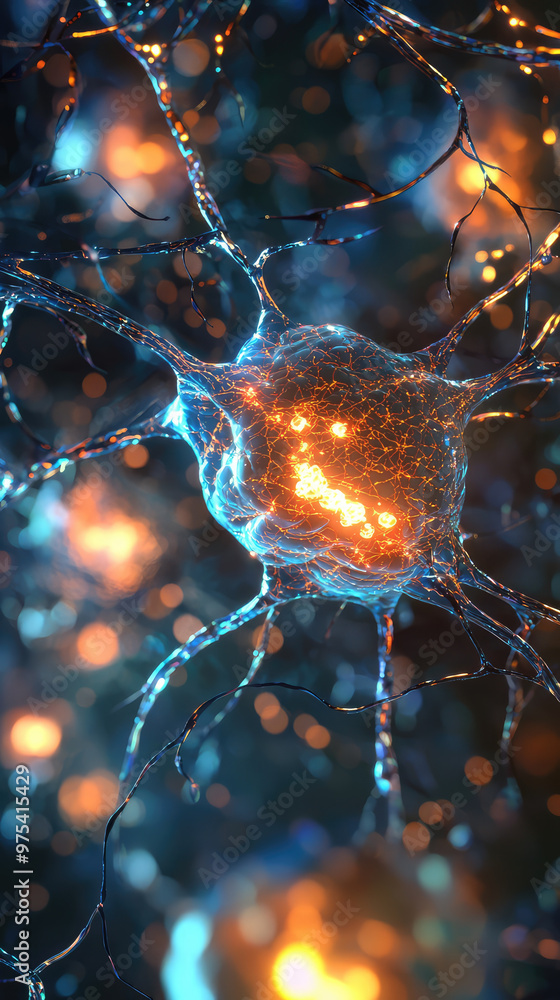 Poster close up view of nerve tissue in neural pathway, showcasing intricate neuron structures with glowing