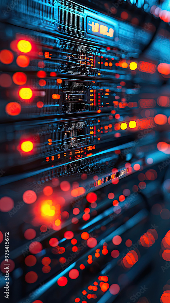 Poster digital firewalls and computer code create vibrant network of lights, showcasing intricate design of