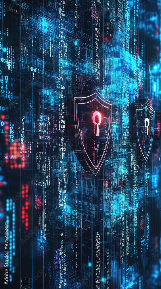 Poster cybersecurity concept with shields, locks, and binary code representing digital protection and data 