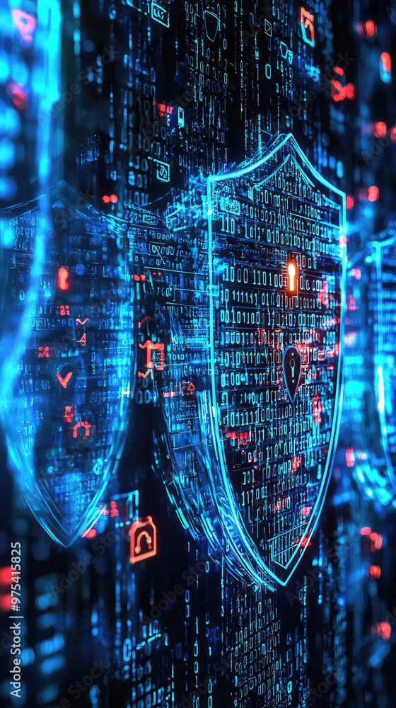 Poster cybersecurity concept with glowing shields, locks, and binary code representing digital protection a