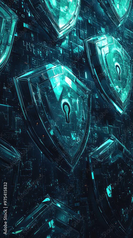 Poster cybersecurity concept with shields, locks, and binary code, representing digital protection and safe