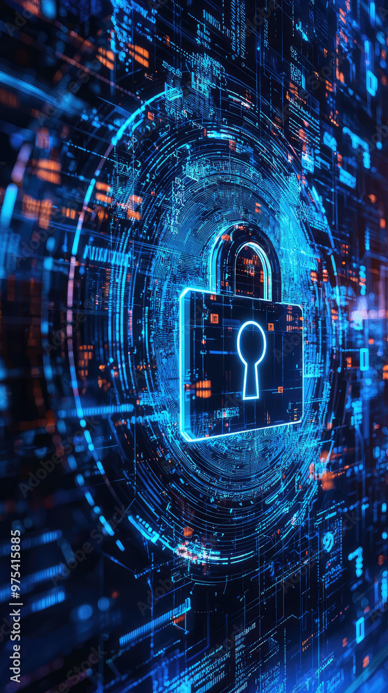 Poster a vibrant digital representation of cybersecurity defense system, featuring glowing padlock symbol s