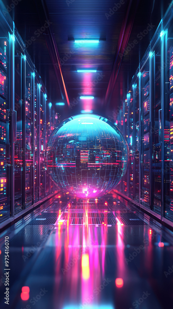 Poster a futuristic data center with glowing servers and protective dome representing cybersecurity. vibran