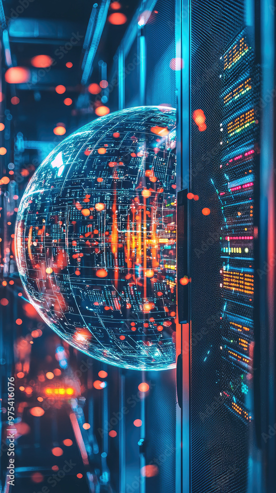 Poster A futuristic visualization of cybersecurity, featuring protective dome representing firewall, surrounded by vibrant data streams and server technology. This image captures essence of digital security