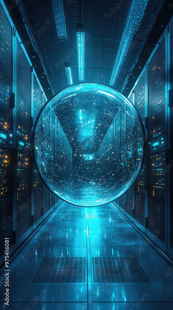 Poster a futuristic cybersecurity firewall visualized as protective dome, surrounded by glowing server rack