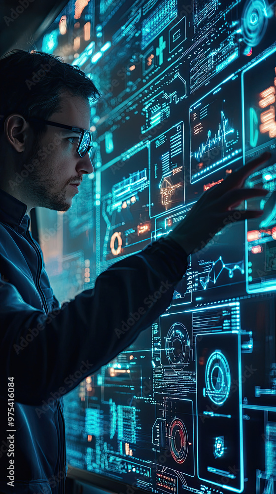 Poster a cybersecurity professional is detecting breach on futuristic interface filled with glowing data an