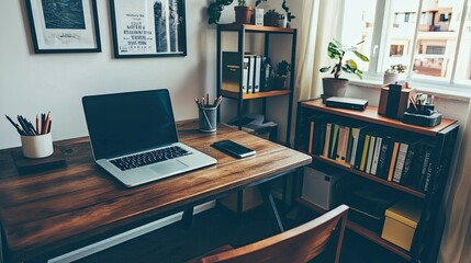 A minimalist home office with a wooden desk, laptop, phone, pencils, and bookshelves.
