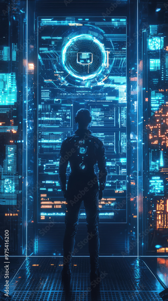 Poster a figure stands in front of holographic display, immersed in world of cybersecurity protocols and di
