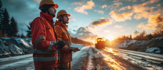 Landscape view of a highway under construction, with workers in uniform, wearing safety helmets, and papers on a table against road equipment and a blue sky with sun rays. High-resolution photography.