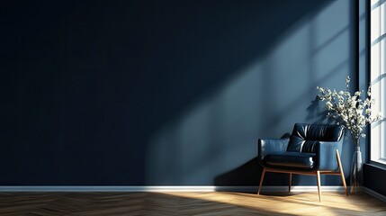 Obraz premium A minimalist living room interior with a blue armchair, a plant, and a large window.