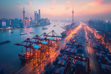 Large ports and container freight ships