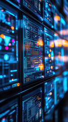 Obraz premium Digital screens displaying data analytics and cybersecurity information create vibrant and high tech atmosphere. glowing interfaces suggest focus on data management and security