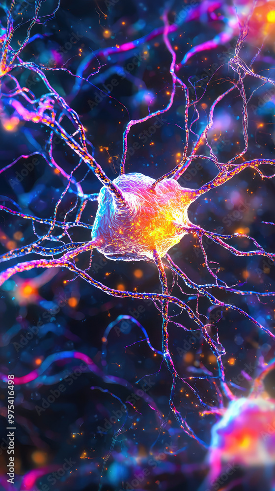 Poster a vibrant depiction of brain synapses showcasing intricate neural connections and glowing neurons. t