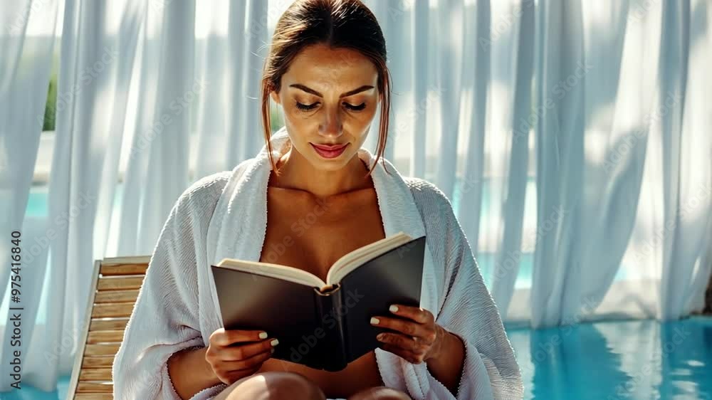 Aufkleber woman reading a book by the pool on a sunny day in a serene setting generative ai