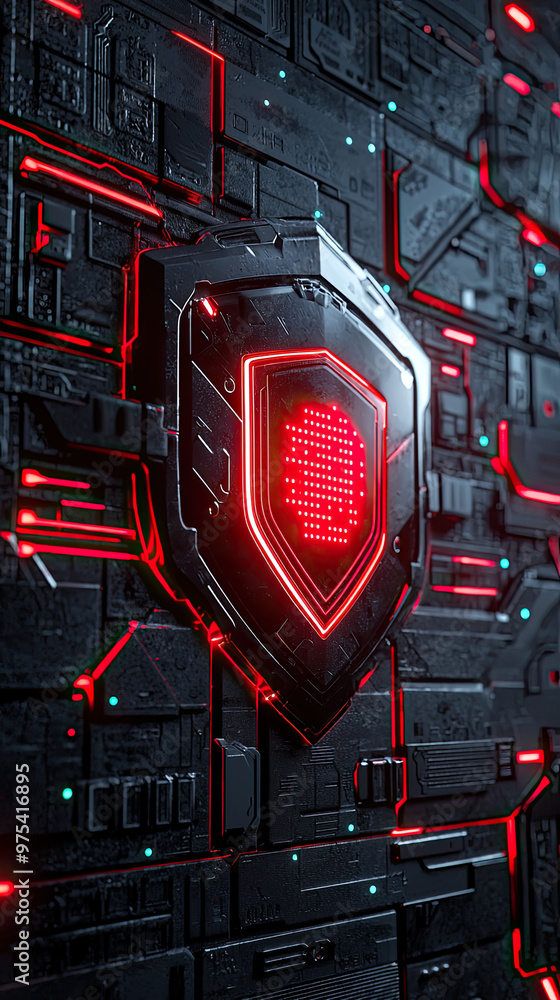 Poster digital cybersecurity shield blocking an attempted hack, featuring sleek design with glowing red acc