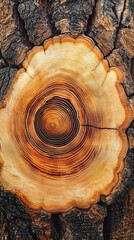 detailed view of trees cross section reveals its growth rings, showcasing natural beauty and intricate patterns of wood. This image captures essence of natures artistry