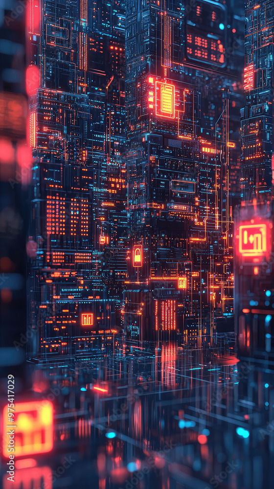 Poster futuristic digital locks float over vibrant landscape of interconnected data structures, showcasing 