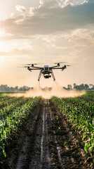 A drone is spreading fertilizer over large agricultural field, showcasing modern farming technology. scene captures essence of innovation in agriculture, with beautiful sunset in background