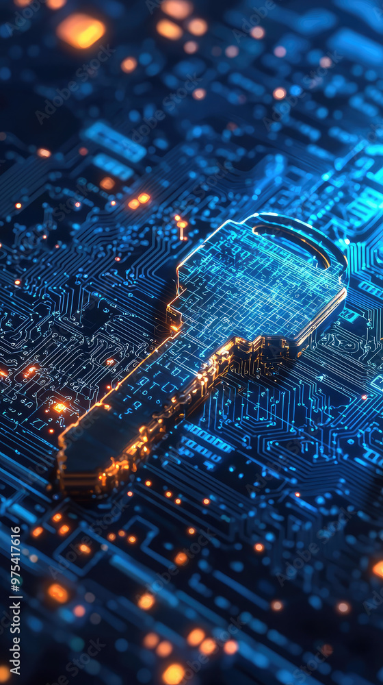 Poster digital encryption key and code fragments protect confidential information, symbolizing security in 