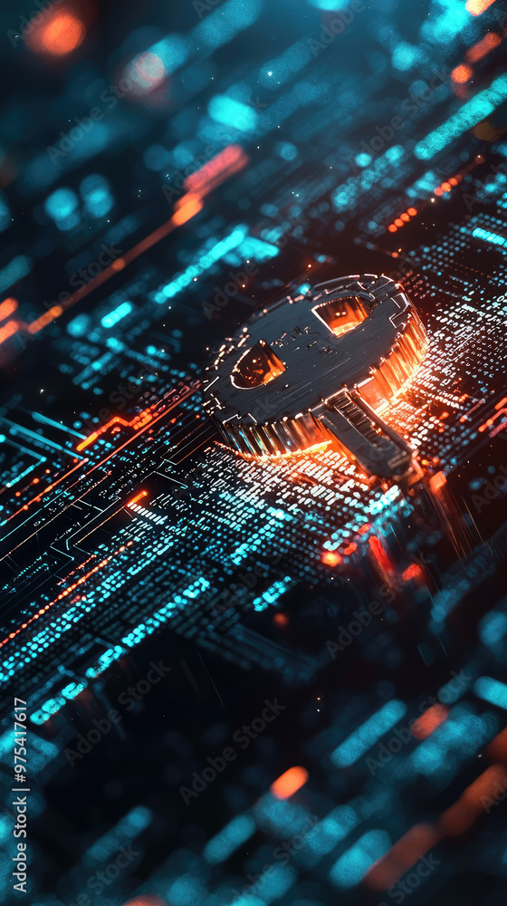 Poster digital encryption key and code fragments create vibrant, high tech atmosphere, symbolizing protecti