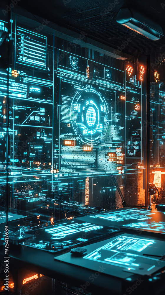 Poster a futuristic workspace featuring holographic screens displaying complex encryption protocols and dat