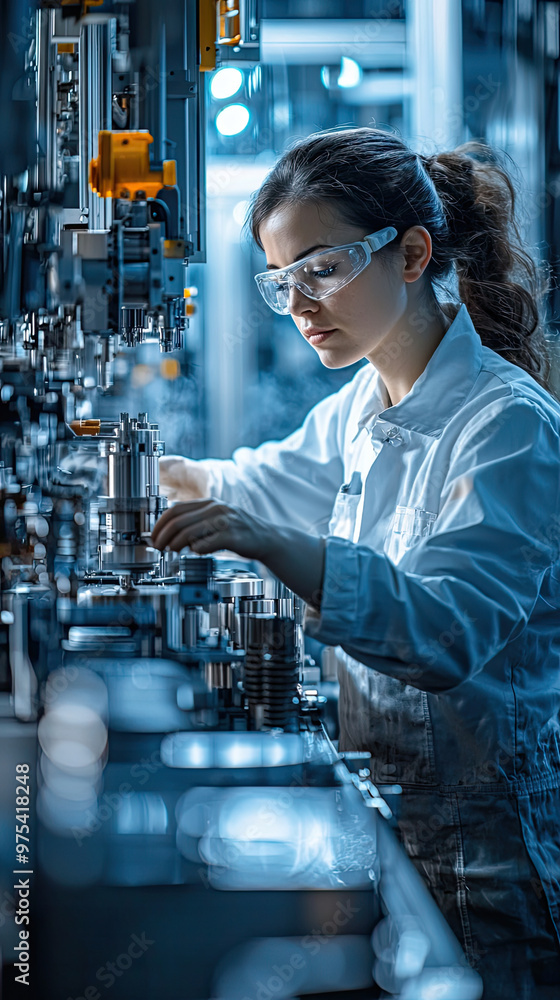 Poster a factory worker is inspecting product on high speed assembly line, showcasing precision and focus i