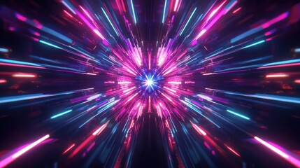 Obraz premium Neon Energy Burst, a vibrant explosion of luminous digital energy emanating from a core, with dynamic light streaks extending outward, creating a captivating visual impact.