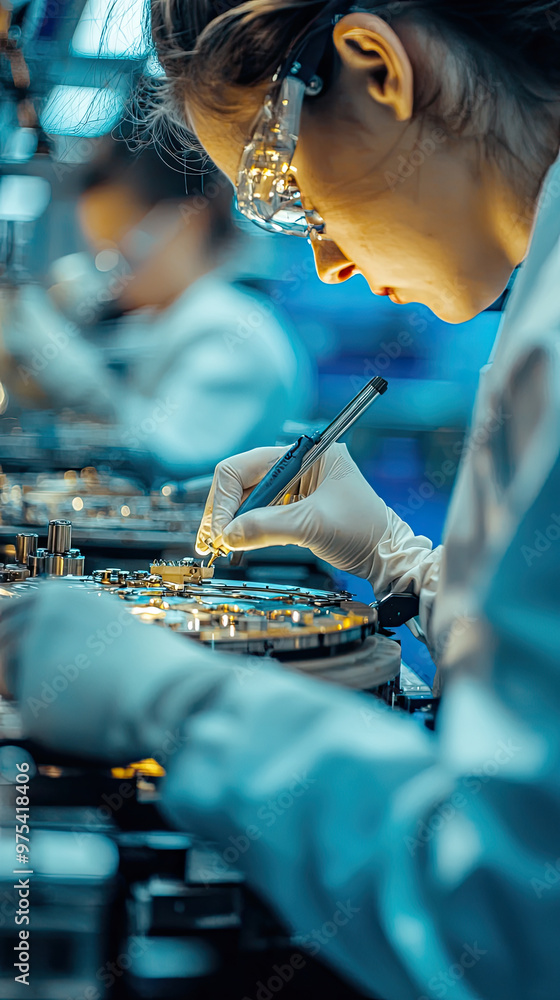Poster precision work is being performed by factory workers on delicate components, showcasing focus and sk