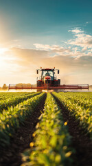 A farmer using precision equipment to apply fertilizer in lush green field during sunset, showcasing modern agricultural practices and beauty of nature