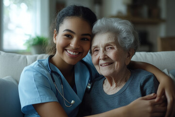 Obraz premium Young female nurses and elderly people in the hospital