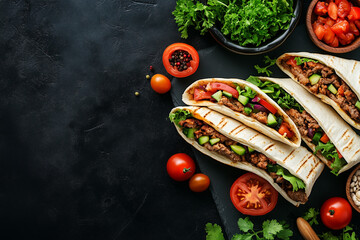Shawarma sandwich with ingredients on dark background. Top view, sandwich in pita bread, burrito