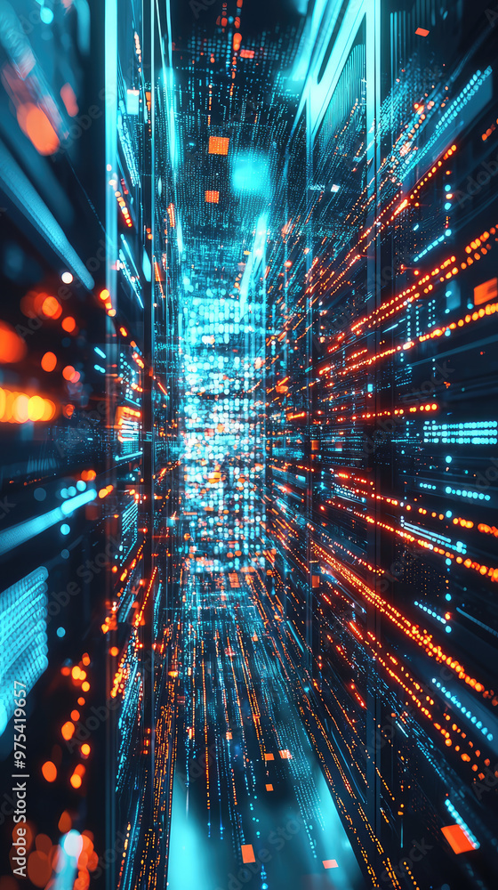 Poster a vibrant digital corridor filled with streams of data represented by glowing blue and orange lights