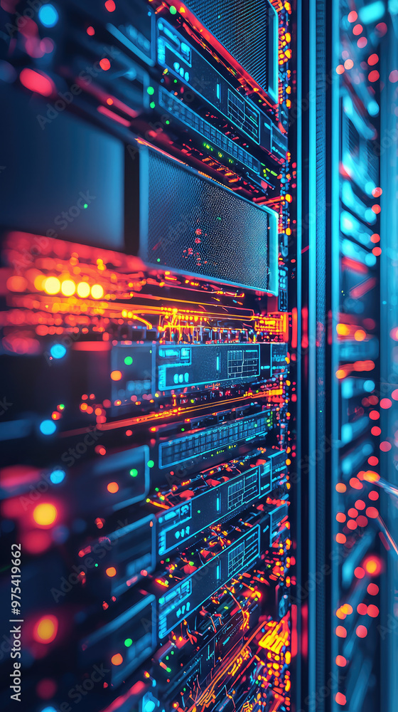 Poster a vibrant depiction of firewalls and encryption layers surrounding central server, showcasing futuri