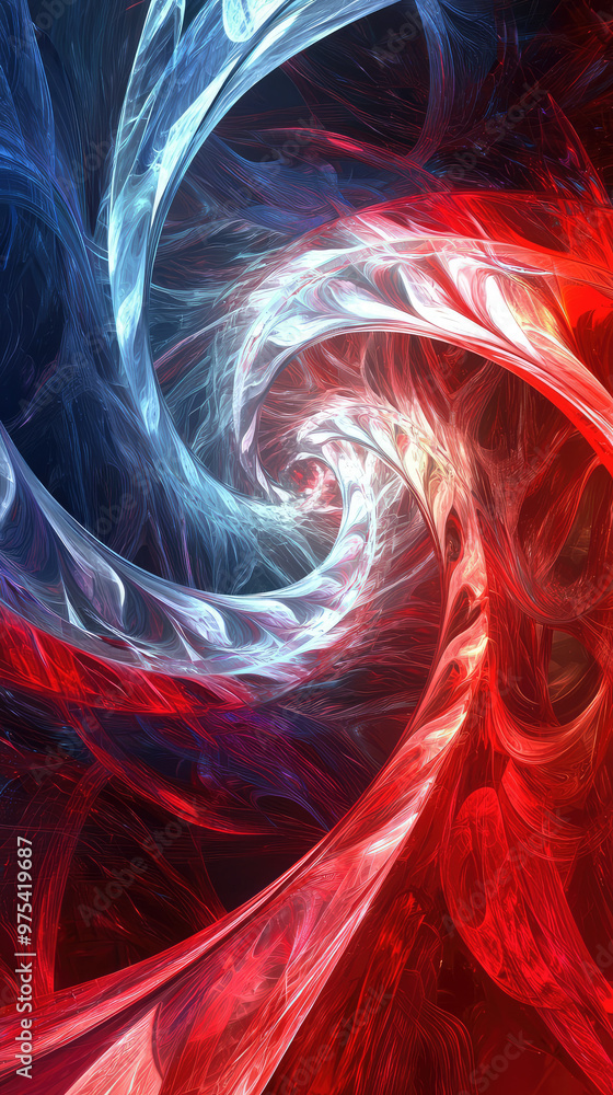 Poster fractal abstract background with swirling red and blue patterns, creating dynamic and vibrant visual