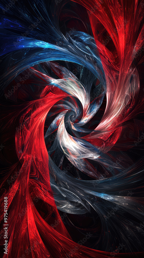 Poster fractal abstract background with swirling red, white, and blue colors creating dynamic and vibrant v