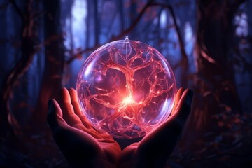 A crystal ball glowing with an inner light, casting mysterious shadows in this mystical illustration