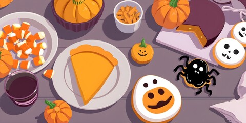 Fototapeta premium Halloween Sweets: Candy Corn, Pumpkin Pie, and Cookies