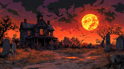 A spooky, atmospheric scene featuring a haunted house, graveyard, and a full moon.