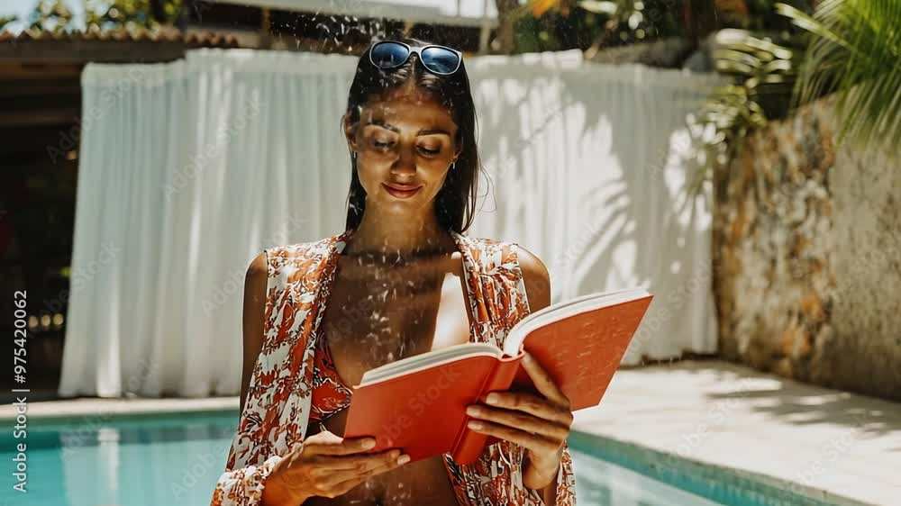 Poster relaxing by the pool while reading a book in sunny weather generative ai