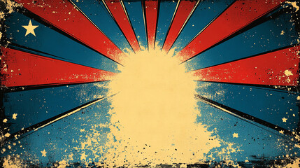 A vintage-style graphic featuring sunburst rays in red and blue with a central blank space.