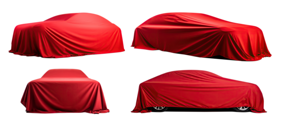 Set of red fabrics draping over cars, cut out