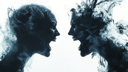 Characters locked in a fierce confrontation, expressing hatred and frustration with tense, aggressive body language, white background 
