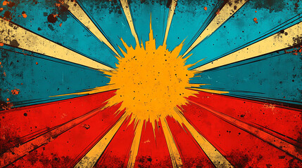 A vibrant graphic design featuring a sunburst pattern with blue and red rays.