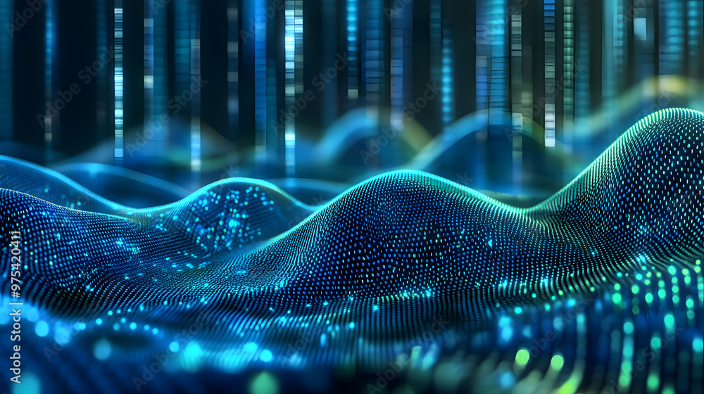 Aufkleber abstract image featuring blue and green tones. it is a digital binary code wave background.