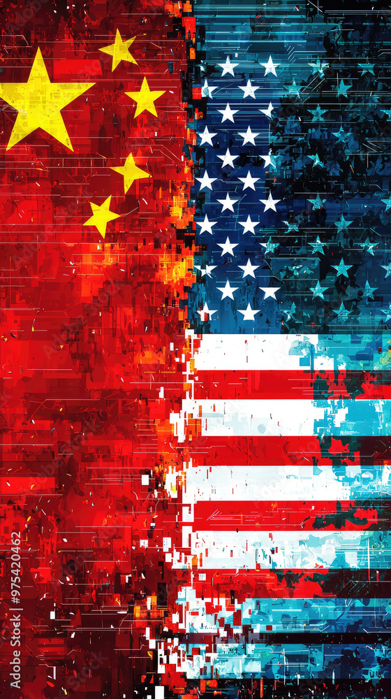 Poster digital artwork featuring glitch effect on flags of china and united states, symbolizing complex rel