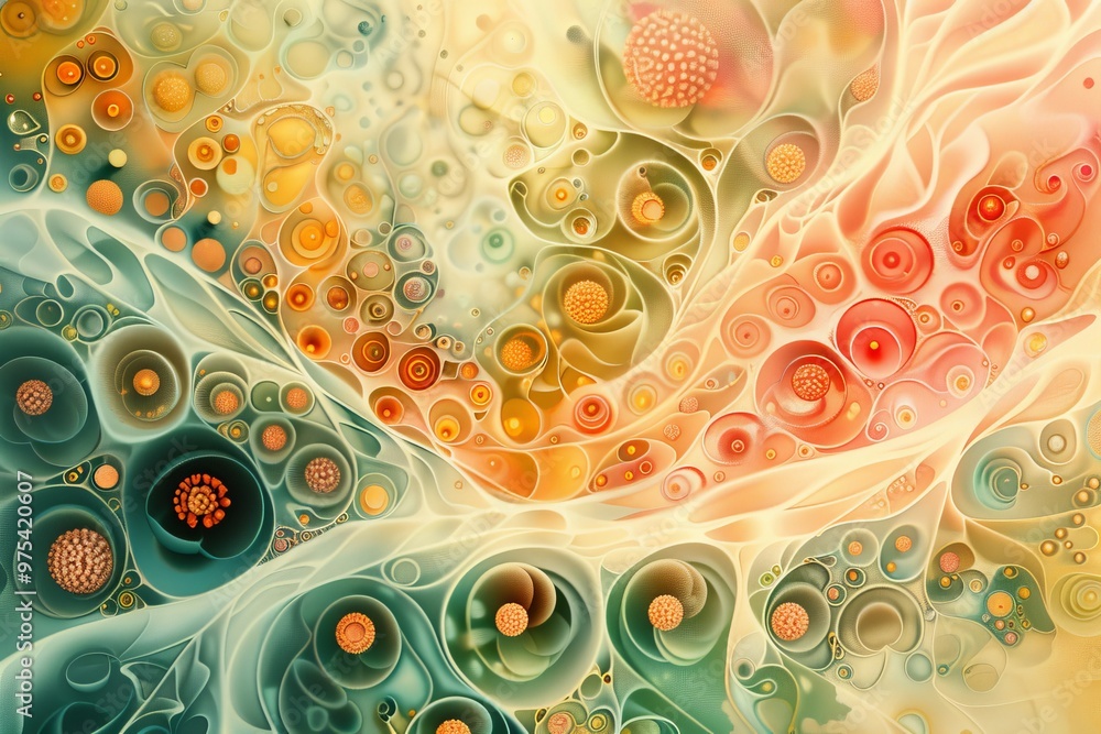 Poster colorful abstract pattern with swirling shapes, creating a mesmerizing flow of vibrant tones and int